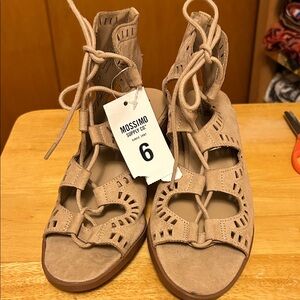 Mossimo lace up 3 inch heeled sandals suede like finish open toe/back size 6 NWT